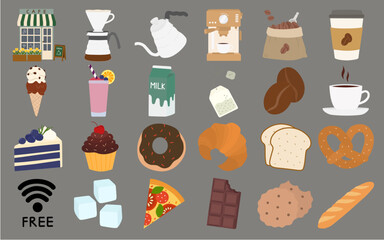Cafe foods and beverages colored set