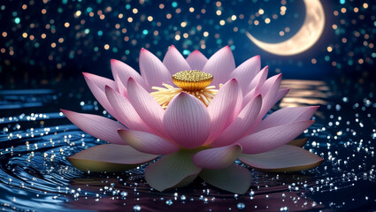Serene Lotus Flower under a Crescent Moon at Night