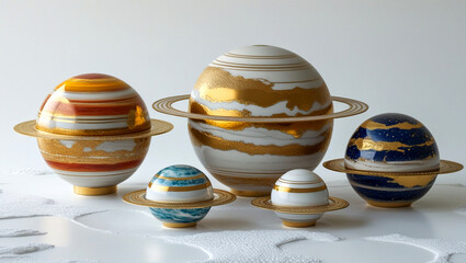 Collection of Abstract Gold and Marble Planet Models on Stands