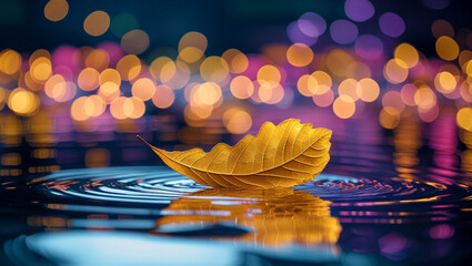 Golden Leaf Floating on Water with Colorful Bokeh Background