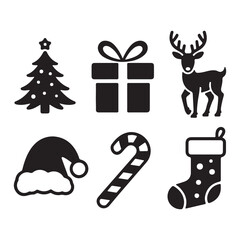 Christmas Silhouette Icons &ndash; Tree, Gift, Reindeer, Hat, Candy, Stocking &ndash; Festive Holiday Vector Set