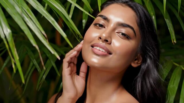 Potrait of young  beautiful woman with perfect smooth skin in tropical leaves. Concept of natural cosmetics and skincare