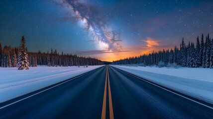 Milky Way over Winter Highway through Snowy Forest: Night Sky and Winter Landscape with Road