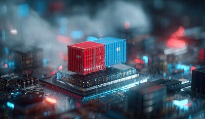 Two miniature shipping containers, red and blue, sit atop a complex circuit board, bathed in red and blue light, suggesting data transfer or technological integration