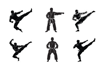 Silhouette Illustration of a Martial Artist in Various Poses on a White Background