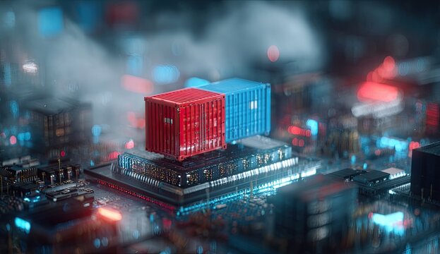 Two miniature shipping containers, red and blue, sit atop a complex circuit board, bathed in red and blue light, suggesting data transfer or technological integration