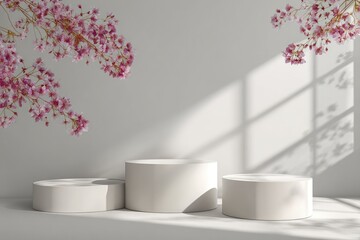 Three white cylindrical platforms sit on a light grey floor bathed in sunlight, flanked by pink flowering branches