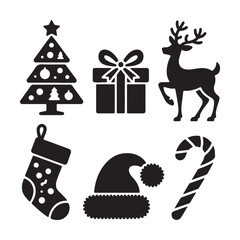 Christmas Silhouette Icons &ndash; Tree, Gift, Reindeer, Hat, Candy, Stocking &ndash; Festive Holiday Vector Set