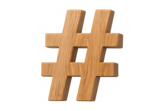 Wooden hashtag sign levitating with transparency, symbolizing digital communication and modern social media networking trends