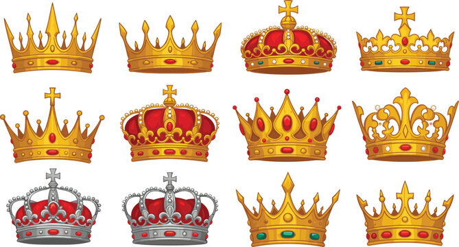 royal crown collection, gold and blue crowns, majestic emblem set, regal vector icons, luxurious crown art, heraldic symbols, ornate design elements, royalty concept illustration
