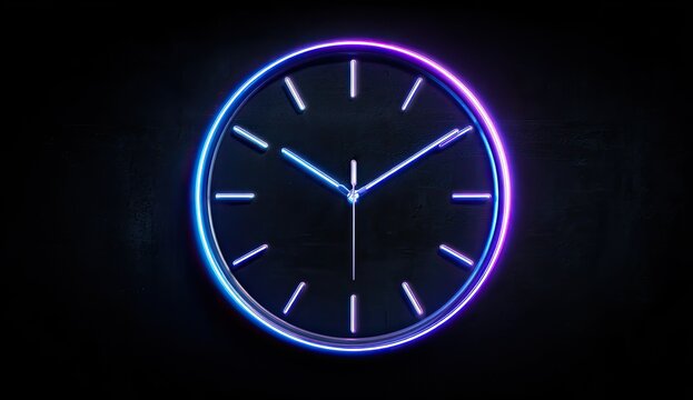 A minimalist black clock with neon purple and blue glow, set against a dark background. The hands show the time - Powered by Adobe