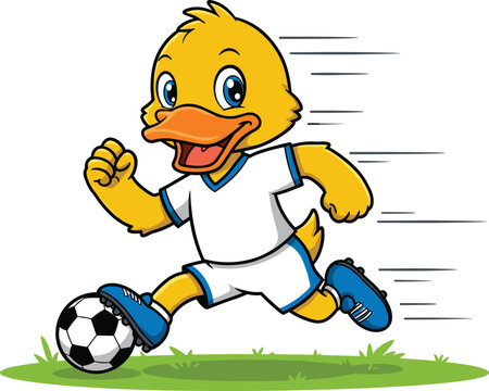 Cute cartoon duck playing soccer, fast running duck character in sports outfit, fun animal football mascot illustration, children sports cartoon design with ball