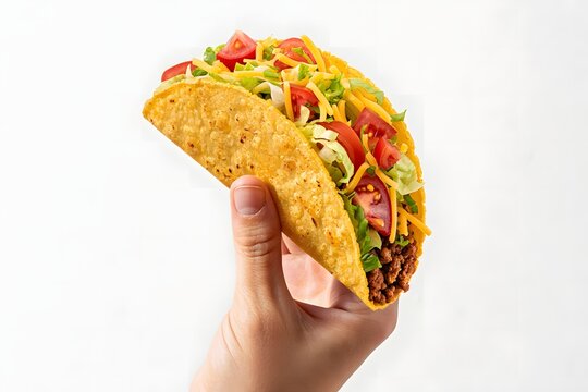 Delicious Taco Held Up in Front of a White Background Ready to Eat