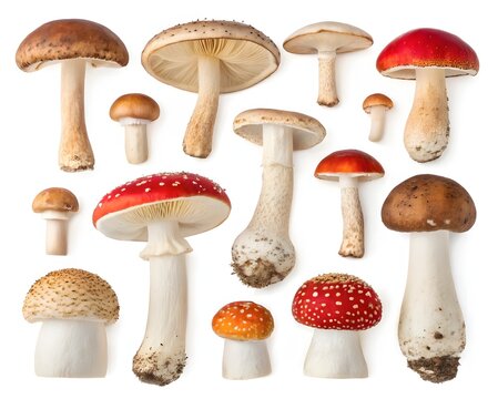 A Variety of Wild Mushrooms Isolated on White Background Close Up