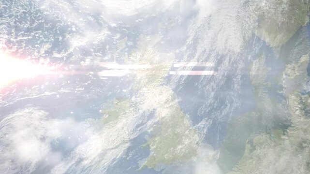 Earth zoom in from space and focus on Linlithgow, Scotland, West Lothian, Great Britain. Background for travel intro or blog. Satellite view. 3D style Animation. Images from NASA.