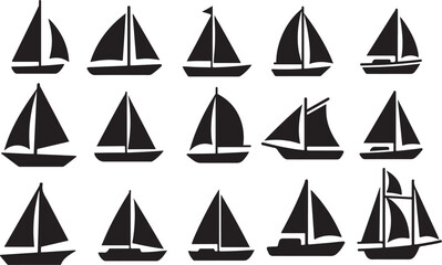 Collection of black silhouette sailboat icons