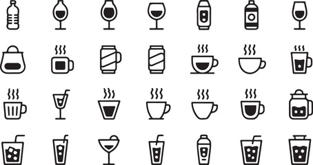 Collection of hot and cold drink icons in modern thin-line vector style