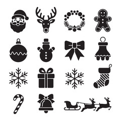 Christmas Icon Set &ndash; Santa, Reindeer, Snowflake, Tree, Bell, Gift, Gingerbread, Sleigh &ndash; Holiday Silhouettes Vector