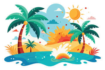 Abstract Island Oasis A Playful Vector Illustration of a Sunny Beach with Iconic Palm Trees and Dynamic Color Bursts.eps