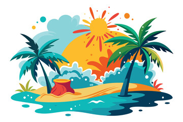 Dreamy Beach Landscape Featuring Stylized Palm Trees, Golden Sands, and Energetic Water Splashes Under a Warm Sun.eps