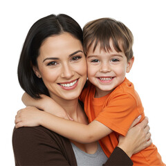 Photo of smiling mother and child hugging isolated on white transparent background