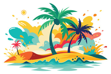  Vibrant Tropical Paradise A Colorful Beach Scene with Palm Trees, Sun, and Lively Splashes, Evoking Summer Fun.eps