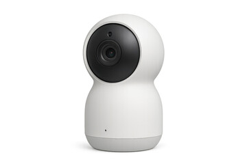 Security camera mounted on wall, capturing high-resolution video with minimalist white design against clean transparent backdrop