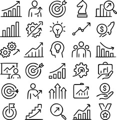 Modern vector icon set illustrating 30 symbols of business growth, productivity, and performance metrics