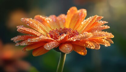 Dew-kissed orange gerbera daisy in soft sunlight, showcasing vibrant petals and glistening droplets