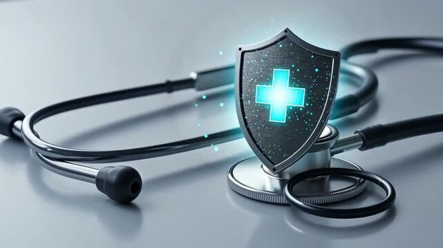  A futuristic stethoscope lies on a sleek, metallic surface, its curved tubing elegantly coiled