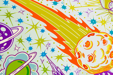 Fototapeta premium International asteroid day retro space illustration with planets stars and comet for cosmic themed designs and backgrounds