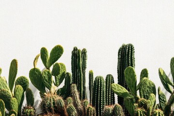 A row of diverse cacti and succulents against a bright white background, bathed in sunlight, showcasing varying textures and shapes of desert flora