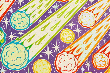 International asteroid day retro space pattern with comets and stars in vibrant colors for cosmic themed designs and backgrounds