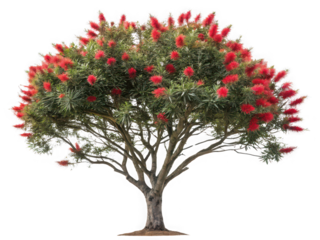 Red bottlebrush tree in full bloom, isolated on black background, vibrant springtime flora, lush foliage, detailed branches, botanical image, nature