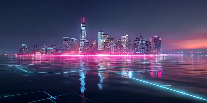 Futuristic city skyline at night with vibrant neon lights
