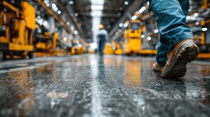 Lone Worker in Blue Overalls Walking on Industrial Factory Floor with Equipment