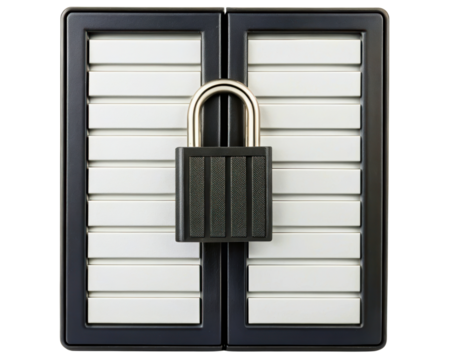 Secure storage cabinet with a prominent black padlock on a transparent background
