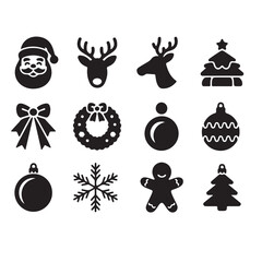 Christmas Icon Set &ndash; Santa, Reindeer, Snowflake, Tree, Bell, Gift, Gingerbread, Sleigh &ndash; Holiday Silhouettes Vector