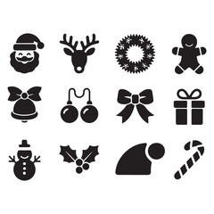 Christmas Icon Set &ndash; Santa, Reindeer, Snowflake, Tree, Bell, Gift, Gingerbread, Sleigh &ndash; Holiday Silhouettes Vector