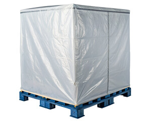 Large cargo wrapped in protective plastic film on a blue pallet on a transparent background