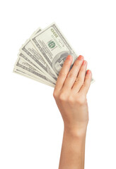 Hand holding American US cash money dollars on white background, clipping path.