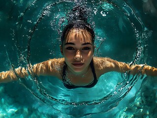 shot of a female synchronized swimmer performing an overhead pose surrounded by captivating circular ripples in the tranquil waters of a swimming pool