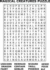 And Magical Creatures Word Search Puzzle Game Grid Letters Unicorn Mermaid Wizard Dragon Centaur Troll Fairy