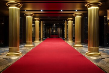 Luxurious grand hallway with golden columns and red carpet symbolizing prestige, elegance, and VIP experience