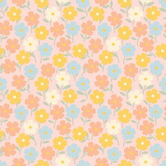 Seamless floral pattern with pink and green flowers, dots, and circles, perfect for retro spring textile design or pastel wallpaper