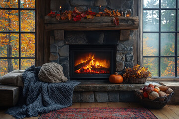 Basket of pumpkins beside fireplace with cozy blanket.