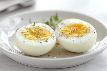 Perfectly boiled egg halves on white plate with seasoning and herbs, ideal for breakfast or healthy snack concept