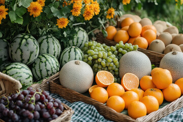 Basket of oranges and fruit on table.