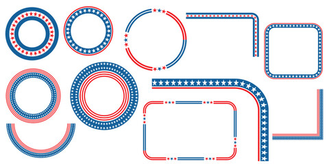 American patriotic vector frames, circles and rectangles in shape, decorated with red, white and blue stars and stripes are perfect for 4th of July designs and American Independence themed graphics.
