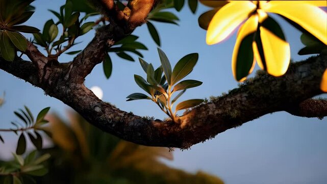 Illuminated tree branch at night